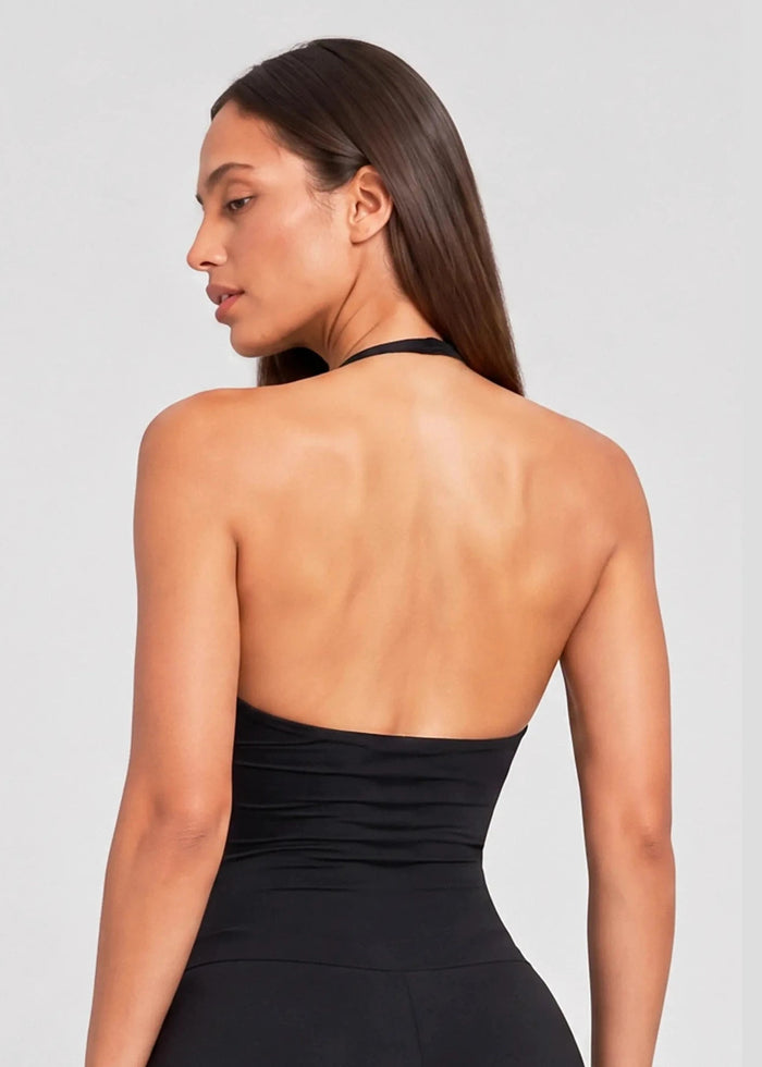Débardeur noir froncé pour femme à encolure dos-nu et dos ouvert