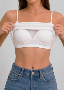 Détail intérieur du crop top côtelé blanc Onalie avec brassière intégrée et bonnets rembourrés