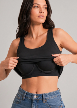 Détail intérieur du débardeur sculptant noir Onalie avec soutien-gorge intégré et bonnets rembourrés