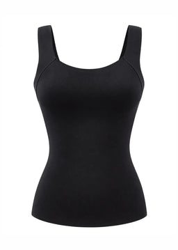 Top sculptant noir pour femme avec brassière intégrée et larges bretelles, vue de face sur fond blanc