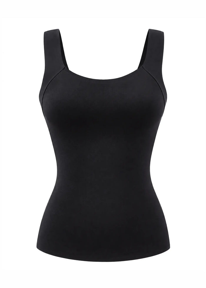 Top sculptant noir pour femme avec brassière intégrée et larges bretelles, vue de face sur fond blanc